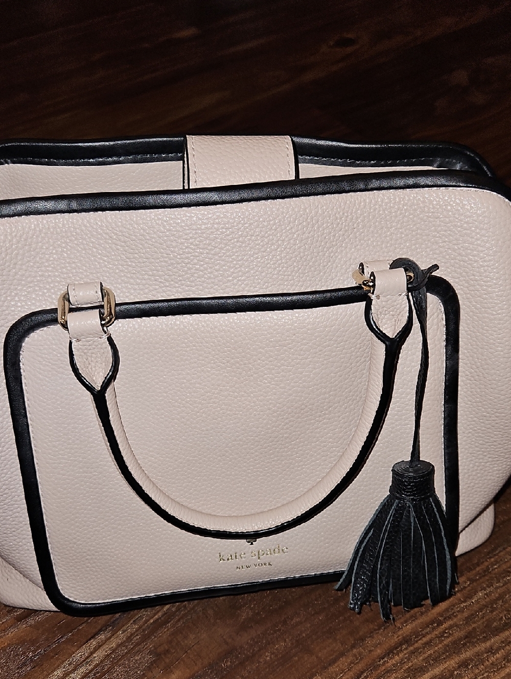 kate spade Cream and Black Leather Satchel with Tassel